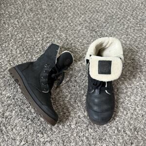 Palladium Baggy Leather Combat Shearling Boots Women US 8 Black Leather Lace Up